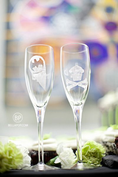 custom toasting glasses (batman for him / cupcakes for her!) – more like batman