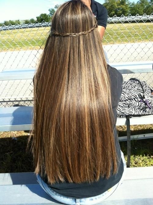 long shiny straight hair with halo braid
