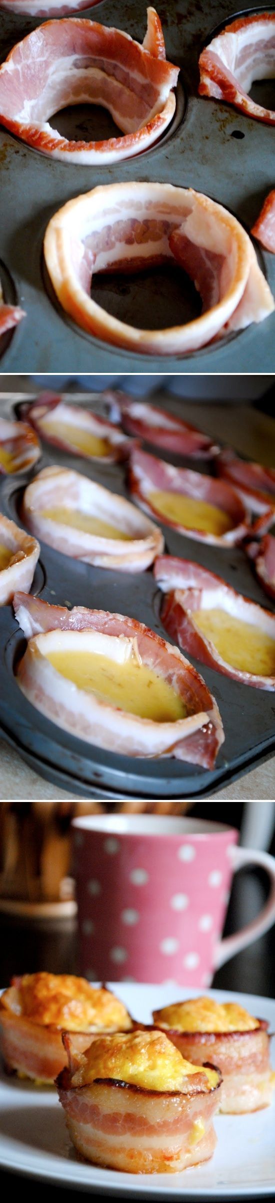 simply wrap your muffin tins with bacon, fill with seasoned whipped eggs and che