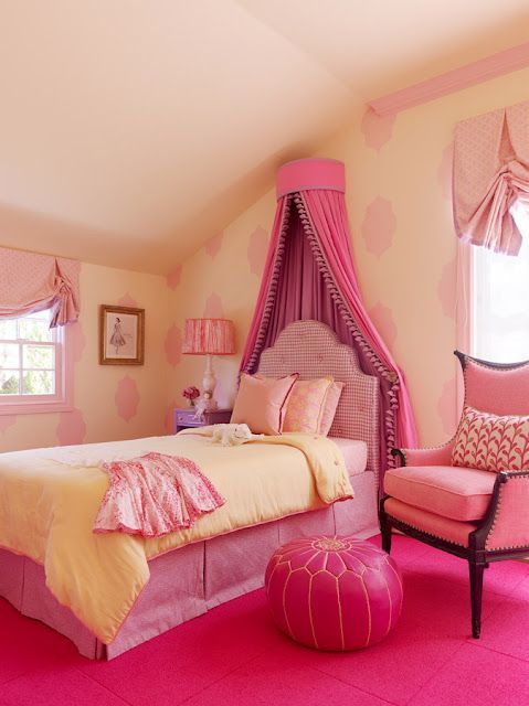 tone on tone pink girl's room with a bit of yellow- LOVE THE PAINT