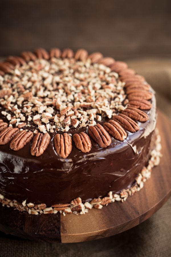 triple-chocolate cake with toasted pecans