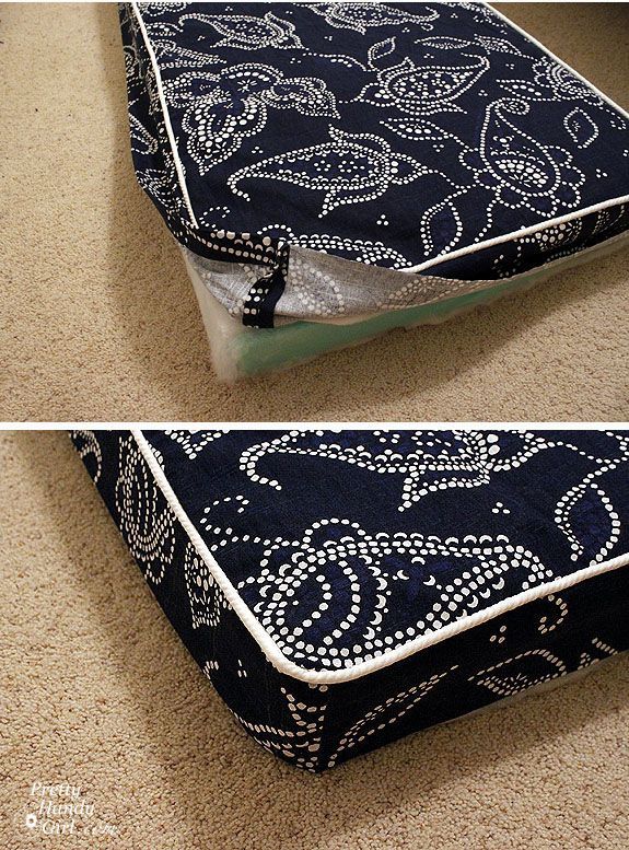 tutorial for bench cushion. And she uses shower curtains for fabric, which is ge