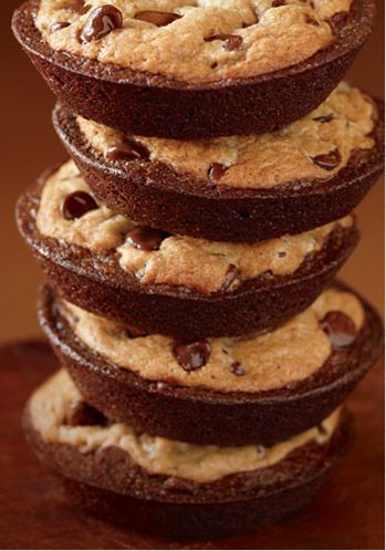 1 scoop of brownie batter + 1 scoop of cookie dough in a muffin pan.