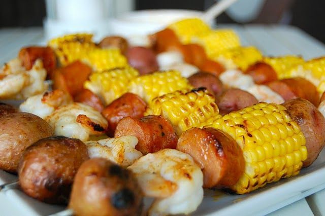 An easy, summer dinner. Shrimp, sausage, corn and potato kebabs!