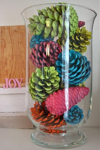 COLORFUL PINECONES • fill container with 2 parts paint (any leftover paint
