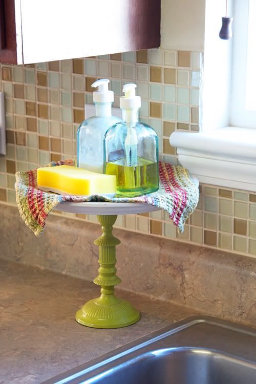 Cake stand for your sink soaps and scrubs!  So much cuter than just putting this