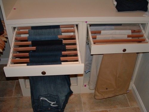 Closet – slide out slats for hanging pants/jeans. Seriously brilliant.