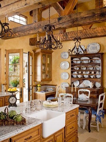 Country French Kitchen: giant farmhouse sink, exposed wood beams, wood hutch, wh
