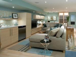 Divine Design – Beachy blue & green basement design with modern birch kitche