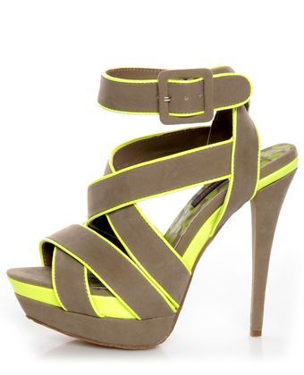 Dollhouse Muse Taupe Suede Neon Yellow Platform Heels