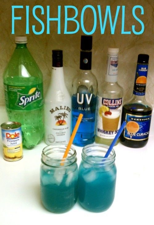 Fishbowls — 2 oz vodka / 1 oz coconut rum / 1 oz blue curacao / 1 oz sour mix /