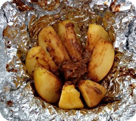 Inside Out Caramel Apples cooked in foil in the campfire