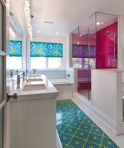 Love how bright and lively the colors make this beautiful bathroom.