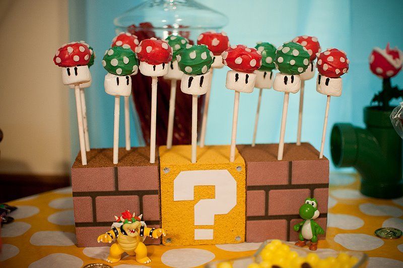 Mushroom cake pops for Mario Brothers themed birthday party