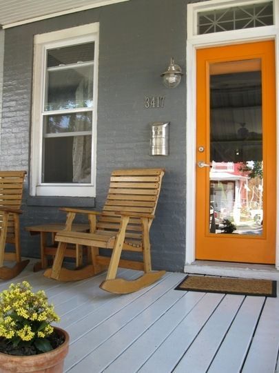 Orange and grey (gray) and white color paint scheme for exterior of home. I'