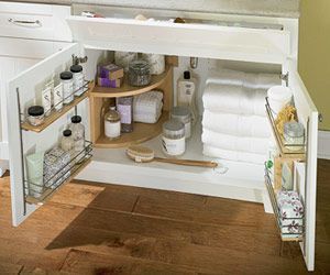 Organize a bathroom vanity using kitchen cabinet supplies!