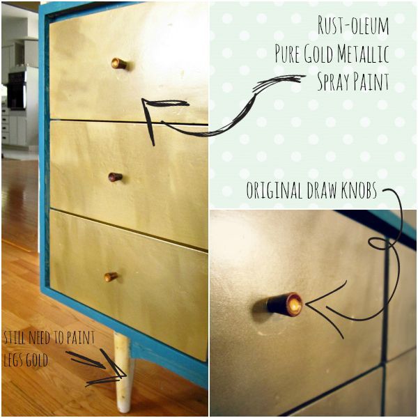 Painting dresser drawers with gold metallic spray paint | She Makes a Home