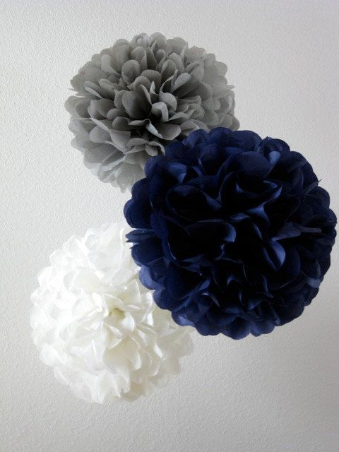Paper Pom Poms -Set of 10- Your Color Choice – Navy and Gray Decorations – Baby