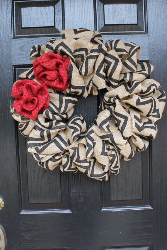 Perfect! Burlap Chevron Wreath with Red Burlap Roses.