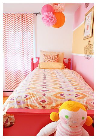 Pink Orange and white little girls room. Exactly what I am aiming towards for Ev
