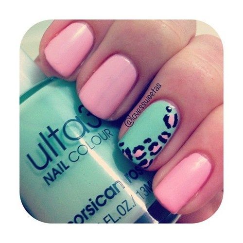 Pink and mint green nails with print… My favorite!!!