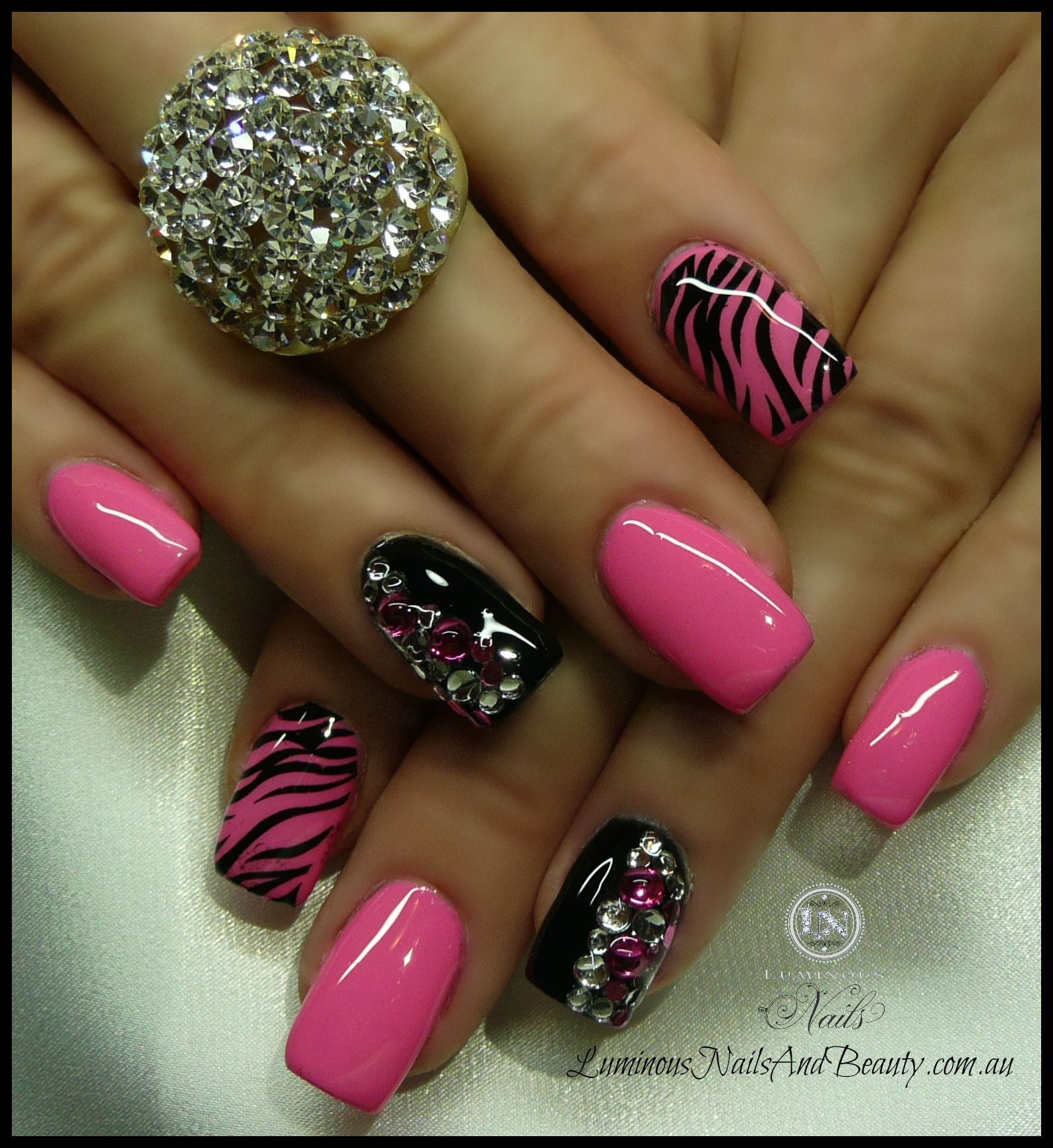 Pink zebra print + black with crystals nail art   #nails #zoya  #OPI #glitter  #