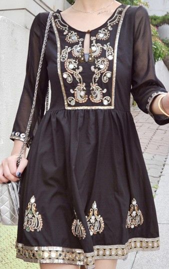 SheInside : Black Three Quarter Length Sleeve Sequined Embroidery Tunic Dress $1