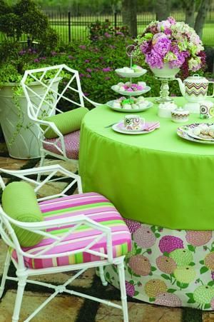 Stripes, blooms and solids combine for an elegant garden party