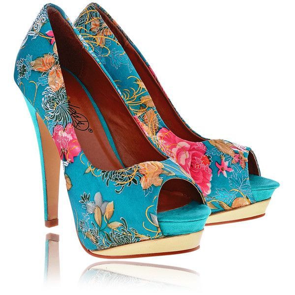 TIMELESS GEISHA Teal Floral Peep Toes found on Polyvore