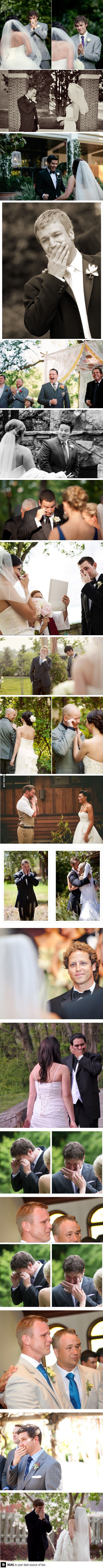 The groom sees his darling in a wedding dress for the first time…awwwhh