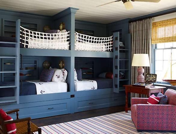Wonderful ideas for “multiple kid” rooms.  Loving all these bunk beds.  Maybe wi