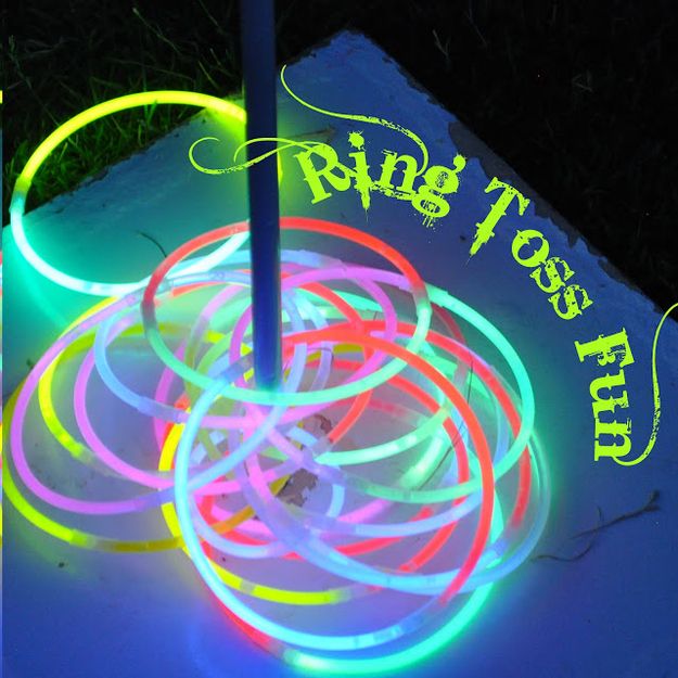 6. Use glow necklaces and glow bracelets for a few rounds of night time ring toss. -   32 Cheap And Easy Backyard Ideas