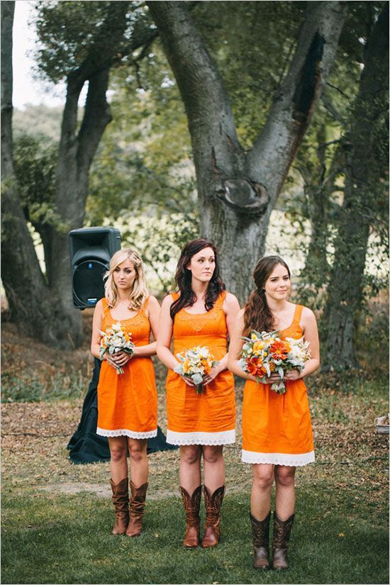 orange bridesmaid dresses #bridesmaid #wedding #flowers #boots #cowboy #orange