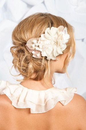 wedding hair updo – low bun – messy – bridal – wedding – boho – flower accessory