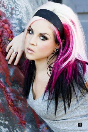 woman Long hairstyle with hair colored black, pink, and blonde hair color