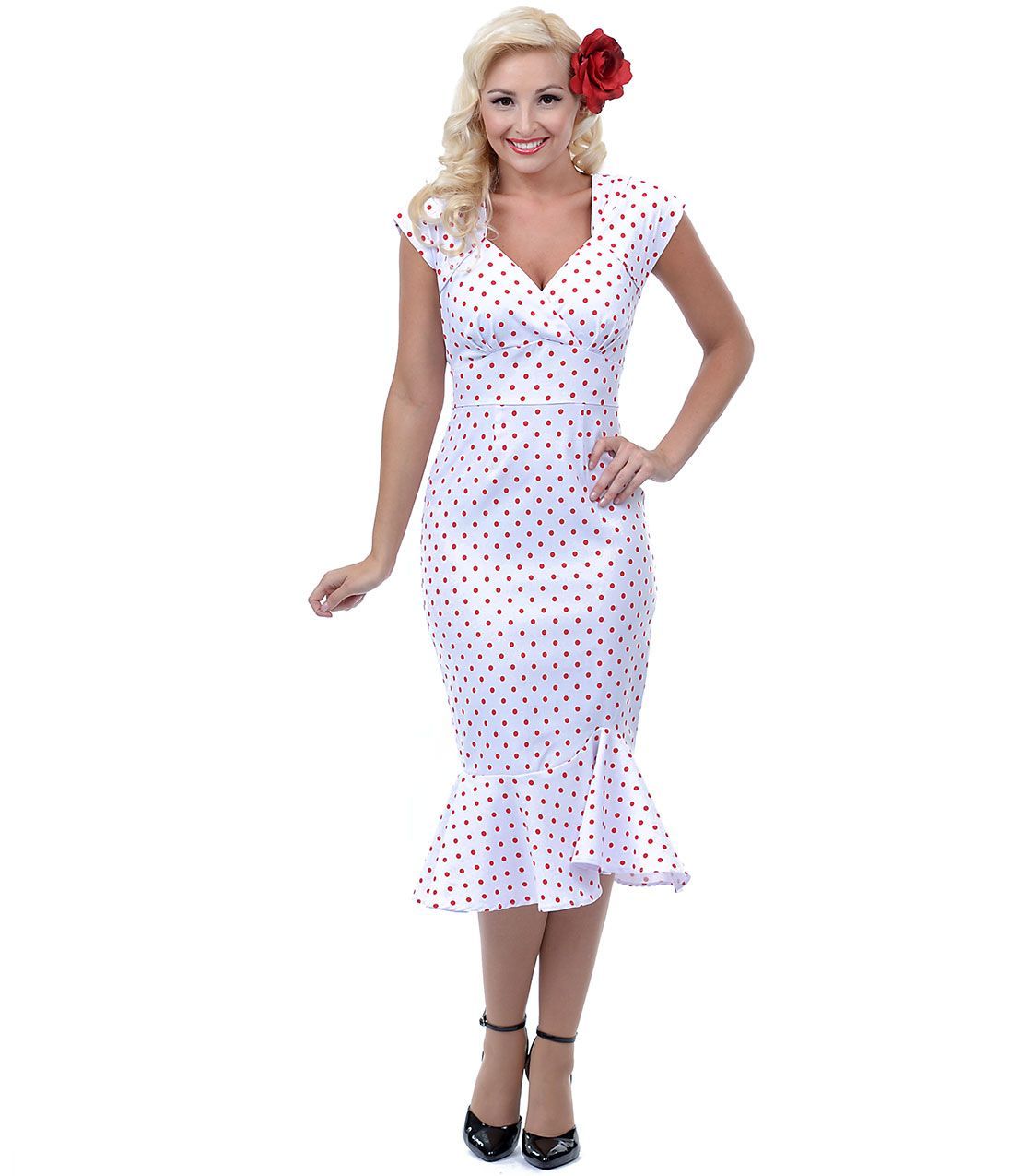 1940's Vintage Style Stop Staring White & Red Dot Dashing Wiggle Dress-