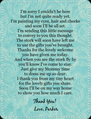 Baby Shower Favor Thank You Poem… this would be cute on the gifts table