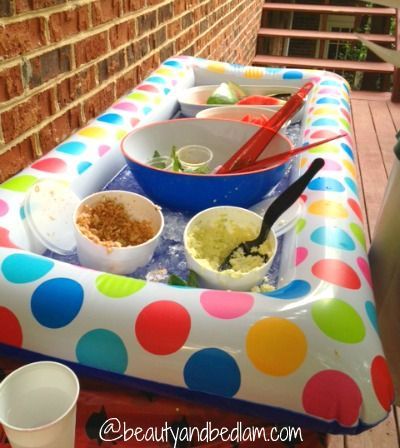 Blow-Up Raft as a Cooler…just add ice and food!!  DIY buffet, drinks, snacks &