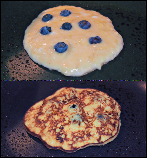 Blueberry banana pancakes. No flour, sugar, or oil!