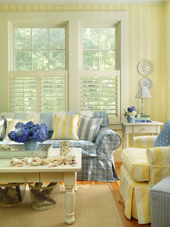 Cottage Style Living Room. Love the blue & yellow.