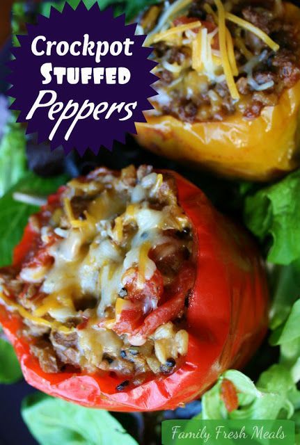 Crockpot Stuffed Bell Peppers (w/ optional vegetarian version). The recipe calls