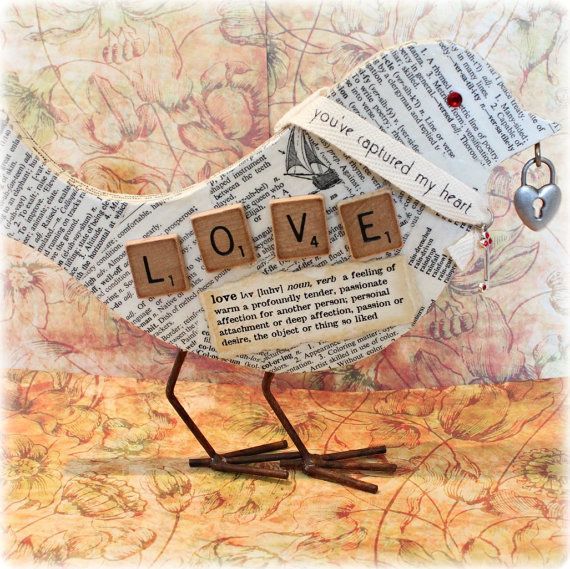 LOVE Altered Wood Bird Cut out  Tabletop Decoupage by Papersilly, $22.00