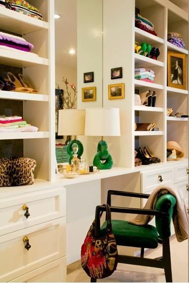Love the pops of kelly green in this posh closet/vanity.