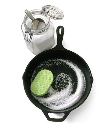 Scrub your cast iron with coarse salt and a soft sponge. The salt is a natural a