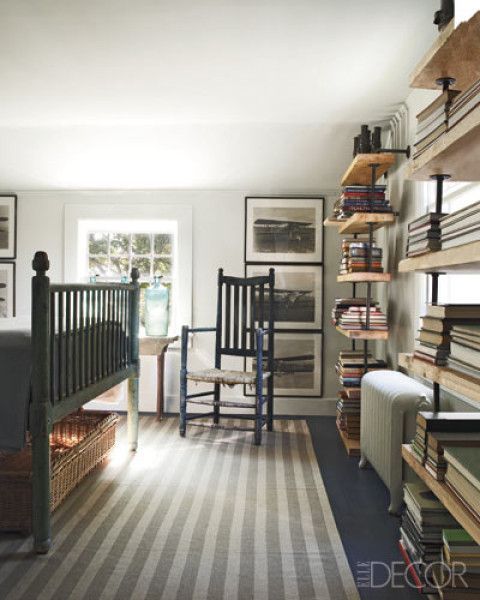 rustic bedroom shelving #shelves #striperug #bedroom #books