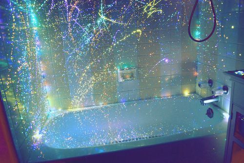 shower curtain splattered with glow in the dark paint! awesome!
