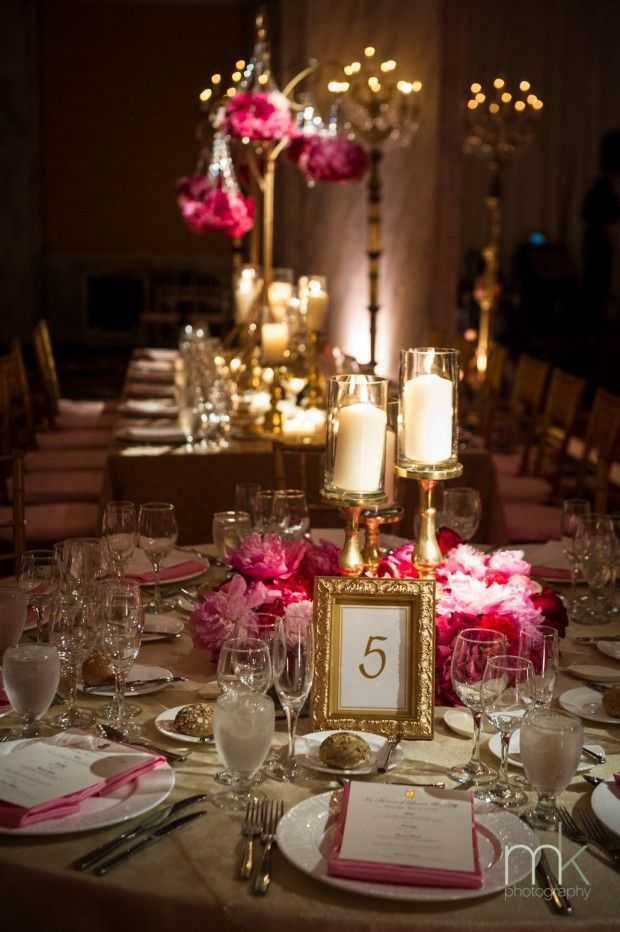 Beautiful Blooms – Ritz Carlton Philadelphia Pink and Gold Wedding Pillar Candle