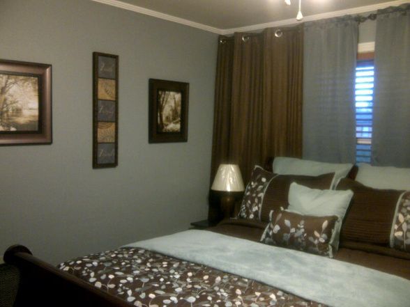 Blue/gray and brown!  Love the curtains behind the bed!