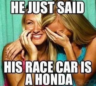 I'd be even funnier if the race car was a Kia. Yeah, I know…hubby owns a K