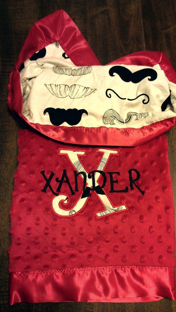 Mustache Baby Blanket with Red Minky and Name by LeftHandedLady, $49.00